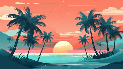 Fototapeta na wymiar a painting of a sunset with palm trees and the ocean in the foreground, and the sun setting in the distance, with a pink sky and blue and orange. generative ai