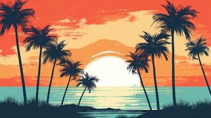 Plakat a painting of a sunset with palm trees and the ocean in the foreground with a boat in the distance and a sunset in the background. generative ai