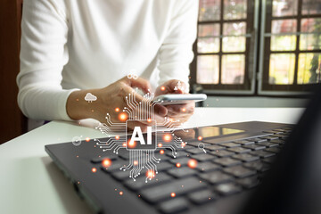 AI, Artificial Intelligence, Concept global data connection with Internet technology, using online...