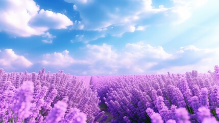  a field of lavender flowers under a blue sky with clouds in the background and a sunbeam in the middle of the field, with a blue sky and white fluffy clouds in the middle.  generative ai - obrazy, fototapety, plakaty