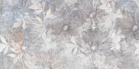 Flowers on the old white wall background, digital wall tiles or wallpaper design - obrazy, fototapety, plakaty