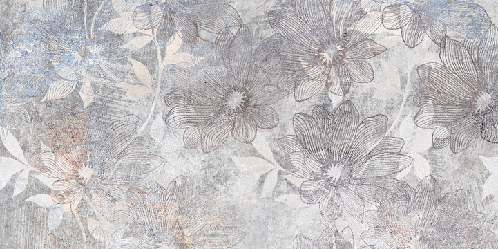 Fototapeta Flowers on the old white wall background, digital wall tiles or wallpaper design