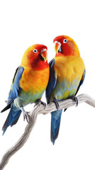 Fototapeta na wymiar two Lovebirds sitting on a branch, colorful and beautiful, cuddling and friendly, Nature-themed, photorealistic illustrations in a PNG, cutout, and isolated. Generative AI