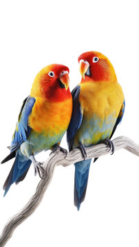 two Lovebirds sitting on a branch, colorful and beautiful, cuddling and friendly, Nature-themed, photorealistic illustrations in a PNG, cutout, and isolated. Generative AI