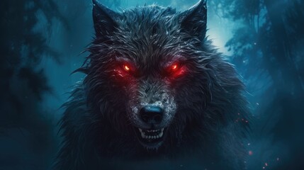 Sinister wolf shifter with red eyes in gloomy night forest shrouded in mist, scary werewolf grin in ominous dark woods ready for attack victim, evil werewolf hunter with red eyes, generative AI - obrazy, fototapety, plakaty