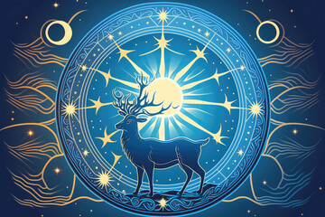 magic banner for astrology crescent deer on black background