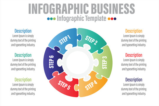 Infographic template for business. 6 Steps Modern Jigsaw puzzle diagram with circles and topic titles, presentation vector infographic.