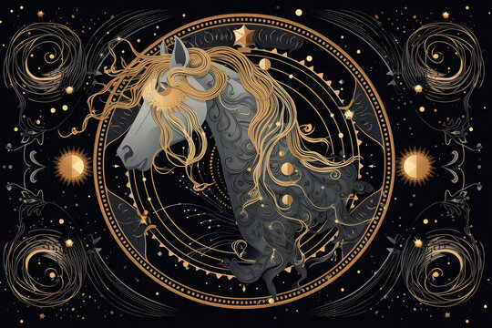 magic banner for astrology crescent brown horse and sun on black background
