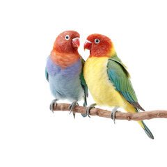 Fototapeta premium two Lovebirds sitting on a branch, colorful and beautiful, cuddling and friendly, Nature-themed, photorealistic illustrations in a PNG, cutout, and isolated. Generative AI