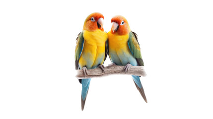 Naklejka na ściany i meble two Lovebirds sitting on a branch, colorful and beautiful, cuddling and friendly, Nature-themed, photorealistic illustrations in a PNG, cutout, and isolated. Generative AI