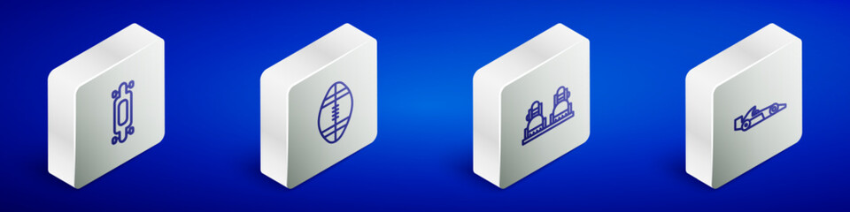 Set Isometric line Longboard or skateboard, Rugby ball, Snowboard and Formula 1 racing car icon. Vector