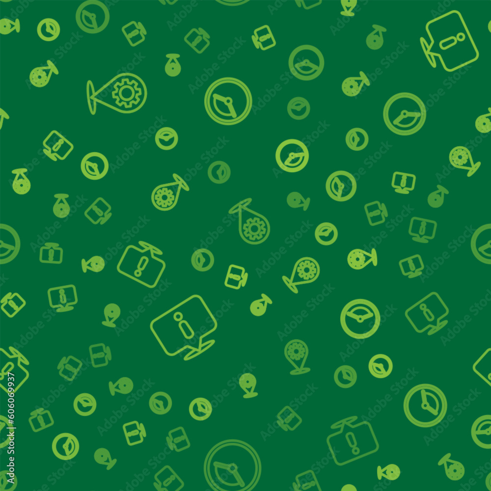 Poster set line location with gear, information and time management on seamless pattern. vector