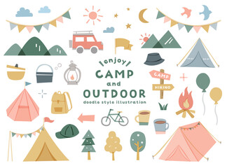 キャンプ・アウトドアのイラストセット　テント　レジャー　キャンプ場　シンプル　自然　旅行　休暇　山
