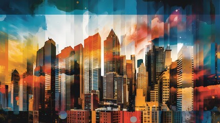 Generative AI of a vibrant urban landscape featuring a skyward view