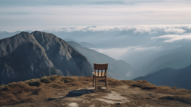 Solitude in the Heights: A Wooden Chair on an Alpine Mountain Peak. Generative AI