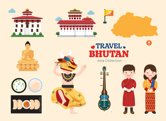 Travel Bhutan flat icons set. Bhutanese element icon map and landmarks symbols and objects collection. Vector Illustration