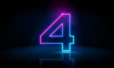 3d render, number four glowing in the dark, pink blue neon light. Abstract cosmic vibrant color digit neon glow. Glowing neon lighting on dark background. Numbers futuristic style