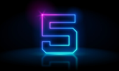 Naklejka premium 3d render, number five glowing in the dark, pink blue neon light. Abstract cosmic vibrant color digit neon glow. Glowing neon lighting on dark background. Numbers futuristic style