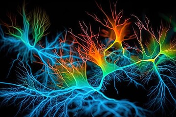 Bioluminescent Synapses. Depiction of neural flow using glowing, bioluminescent organisms such as plankton or bacteria that simulate the movement of electrical signals in the brain. AI