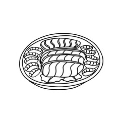 Hoe is korean dish. Pieces of fish. Japanese raw sashimi. Asian gourmet cuisine. Vector illustration in outline style