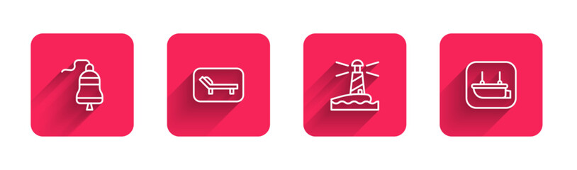 Set line Ship bell, Sunbed and umbrella, Lighthouse and Lifeboat with long shadow. Red square button. Vector