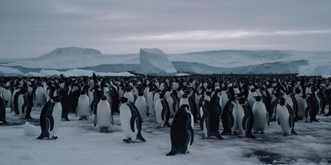 A colony of penguins huddling together on an icy shore, concept of Social bonding behavior, created with Generative AI technology