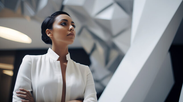 An elegant hispanic businesswoman, standing in a modern architecture environment- generative AI, AI generated