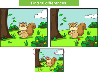 Finding differences in pictures of squirrels in the forest. Education of preschoolers. Vector illustration	