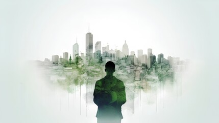 Sustainable mindset engineer standing against the city skyline, planning a green project. Integrating sustainability in urban planning, fostering greener, and more livable cities. Generative AI