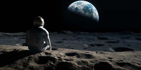 Rear view of an astronaut gazing at a beautiful earthrise, marveling at the blue planet from the vantage point of the moon, concept of Awe-inspiring vastness, created with Generative AI technology