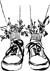 Vector hand drawn summer illustration of legs in sneakers with flowers