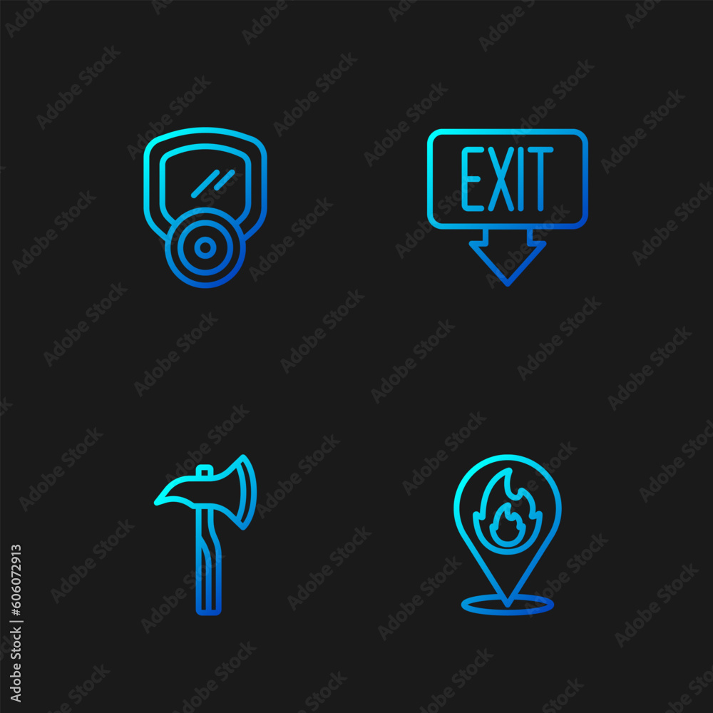 Poster set line location with fire flame, firefighter axe, gas mask and exit. gradient color icons. vector