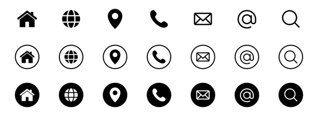 Obraz na płótnie Canvas Contact us icon set. Web icons , home, call, location, globe, world, message, mail, address, search, magnifying glass, website, icon - Contact information icons for business card