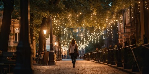 Person strolling along a peaceful city promenade, lined with trees adorned in twinkling fairy lights for a magical summer evening, concept of Urban tranquility, created with Generative AI technology