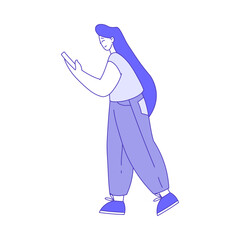 Woman Character Walking with Smartphone Using Social Media Vector Illustration