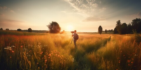 Rear view of a photographer capturing the stunning beauty of a summer landscape, with vibrant colors and warm sunlight, concept of Perspective, created with Generative AI technology