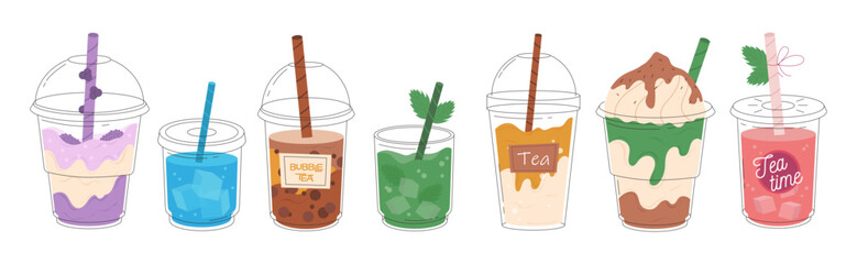 Bubble milk tea Special Promotions design, Boba milk tea, Pearl milk tea, Yummy drinks, coffees, sparkling soft drinks and doodle style advertisement banner, poster. Vector stock illustration.