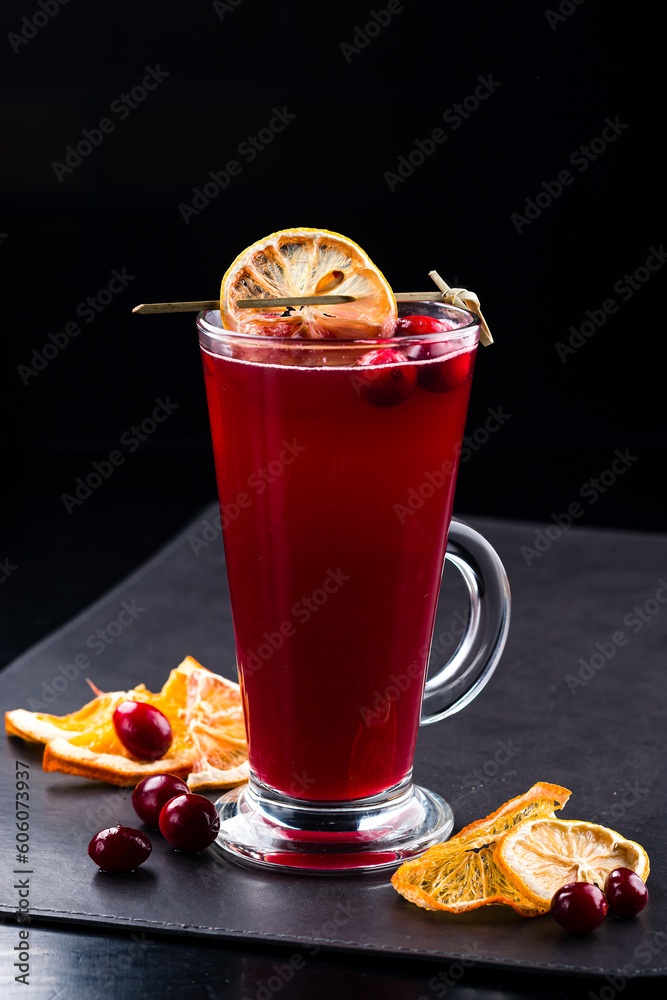 Sticker fresh fruit drink with cranberry and orange.