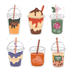 Milkshake and Taiwanese bubble tea. A set of soft drinks and iced tea. Pearl milk tea, Yummy drinks, coffees, sparkling soft drinks. Vector stock illustration for design of banners, menus.