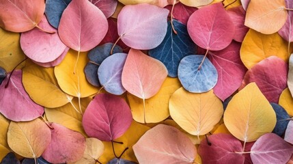 Fototapeta na wymiar an Aspen leaves Horizontal background, Multi-colored Aspen leaves with, ambers, yellows, blues, and purples. , as a background. forest floor texture. Nature-themed, photorealistic. Generative AI