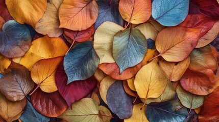 an Aspen leaves Horizontal background, Multi-colored Aspen leaves with, ambers, yellows, blues, and purples. , as a background. forest floor texture.  Nature-themed, photorealistic. Generative AI