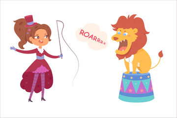 Circus performance with lion and trainer, angry lion sitting on arena podium and roaring