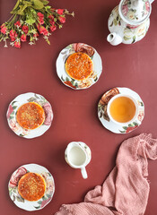 still life cookies and tea in flat lay photography