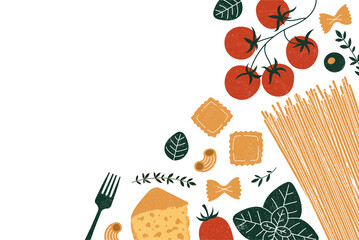 Pasta and tomatoes with garlic and basil. Textured illustration. Italian food horizontal background. - obrazy, fototapety, plakaty