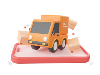 3d cartoon design illustration of Delivery truck shipping parcel boxes, Shopping and delivery service online.