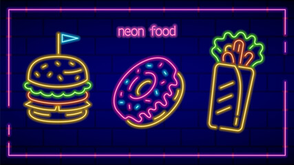 Three neon fast food icons, burger, donut and shawarma, glowing signs, illuminated vector design decorations.
