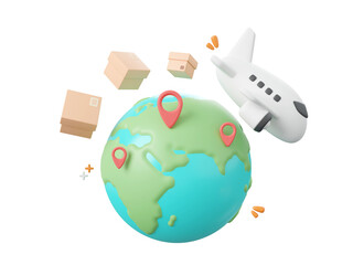 3d cartoon design illustration of Delivery airplane shipping parcel boxes with pin on globe, Global shopping and delivery service concept.