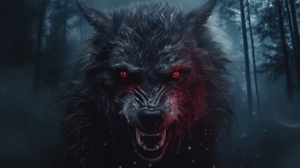 Sinister wolf shifter with red eyes in gloomy night forest shrouded in mist, scary werewolf grin in ominous dark woods ready for attack victim, evil werewolf hunter with red eyes, generative AI