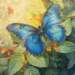 Blue butterfly with green leaves as a background Generative AI