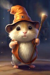 Hamster wizard with magic hat and staff Generative AI
